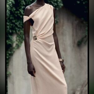 Zara ASYMMETRIC LINEN-BLEND MIDI DRESS WITH APPLIQUÉ